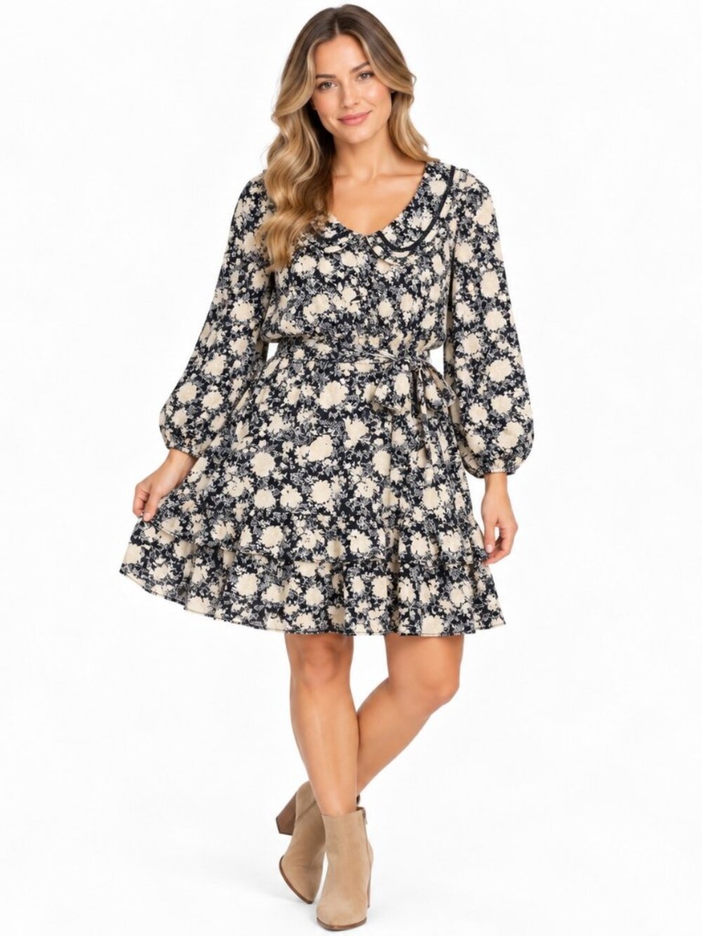 Lauren Conrad Floral Tiered Dress NWT Black Cream Long Sleeve Tie Waist XXL